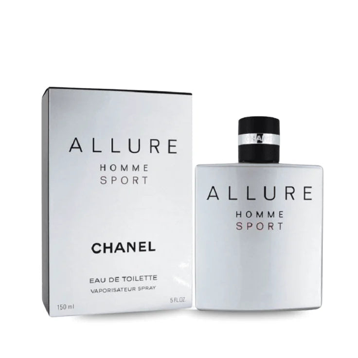 Chanel Allure Homme Sport Eau de Toilette bottle and its matching outer packaging box, shown on a clean white background.